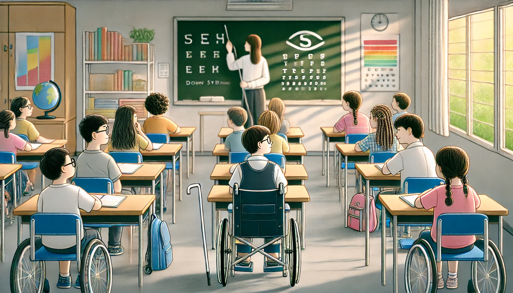 Η εικόνα απεικονίζει μια φωτεινή σχολική τάξη όπως φαίνεται από το πίσω μέρος της αίθουσας. Ο δάσκαλος γράφει στον πίνακα μπροστά, ενώ τα παιδιά, ηλικίας περίπου 10 ετών, κάθονται στα θρανία τους και κοιτάζουν προς τον πίνακα. Ανάμεσα στους μαθητές υπάρχουν ένα παιδί σε αναπηρικό αμαξίδιο, ένα παιδί με λευκό μπαστούνι δίπλα του (υποδεικνύοντας ότι είναι τυφλό) και ένα παιδί με σύνδρομο Down. Η τάξη είναι φιλόξενη, με χρωματιστές διακοσμήσεις και φως που μπαίνει από ένα μεγάλο παράθυρο.